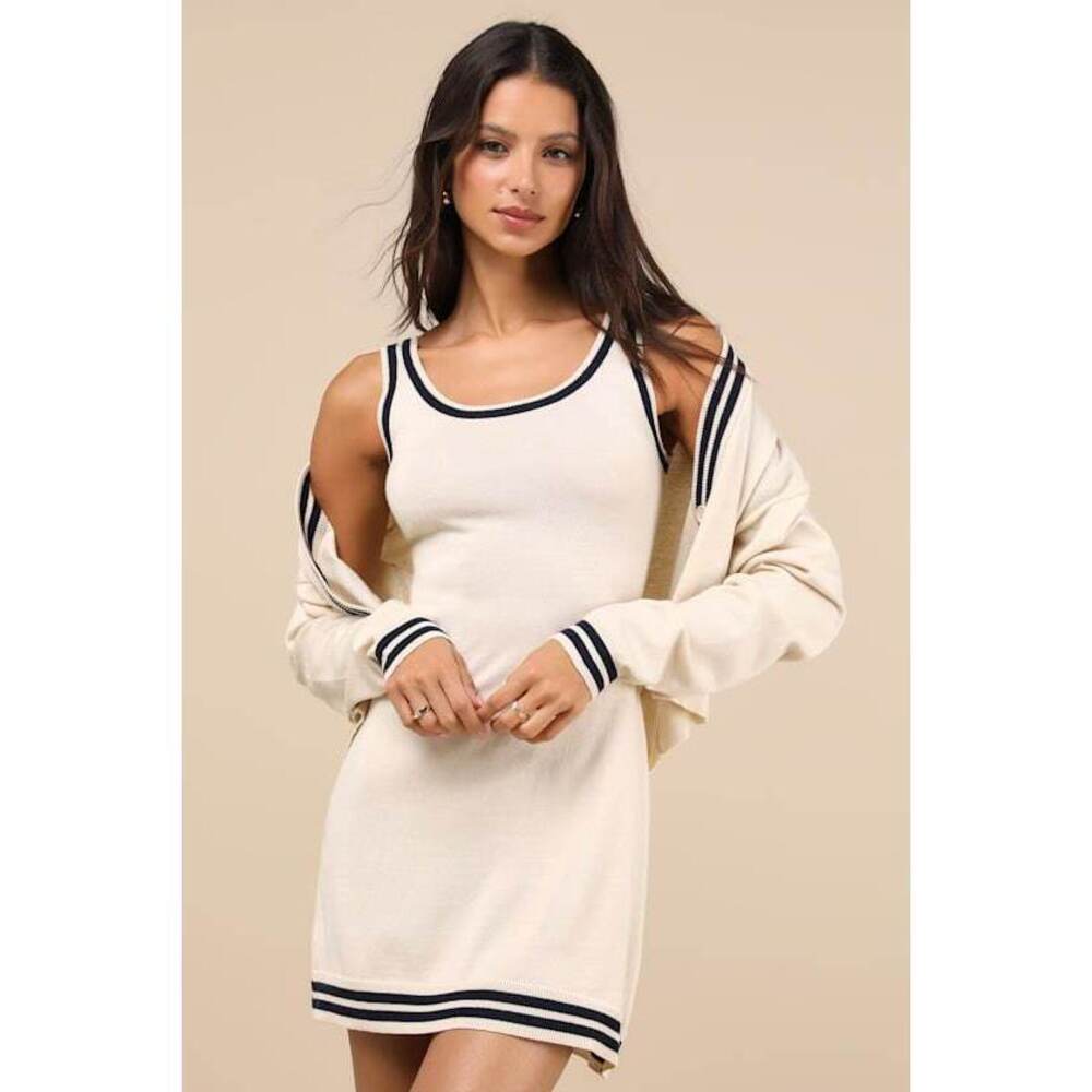 Lulus Charming Duo Beige Two-piece Sweater Dress & Cardigan Set - Size M